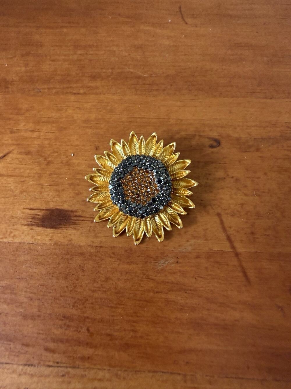 Large Vintage Style Crystal Sunflower Brooch Pin Gold Tone Enamel Rhinestone